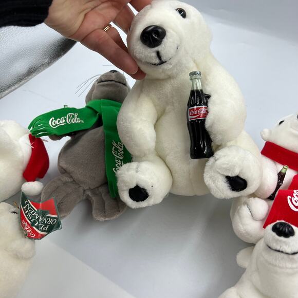 Vintage Lot 8 Coca Cola Polar Bear Bean Bag Plush Seal Christmas Ornaments - Picture 6 of 13